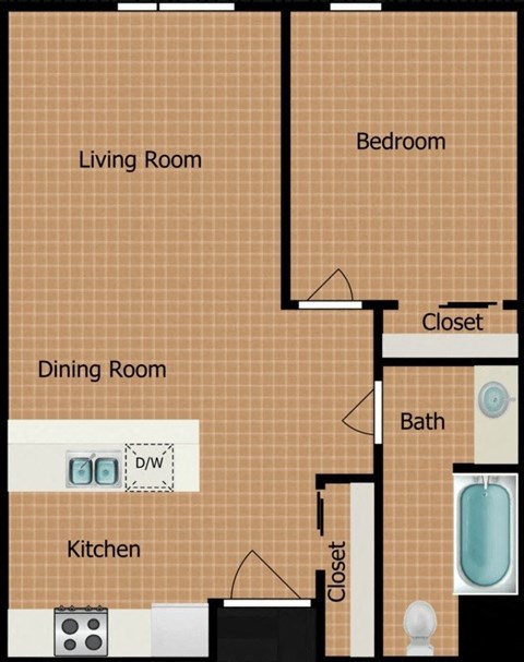 Floor plan for 1 bed, 1 bath, 616 sqft